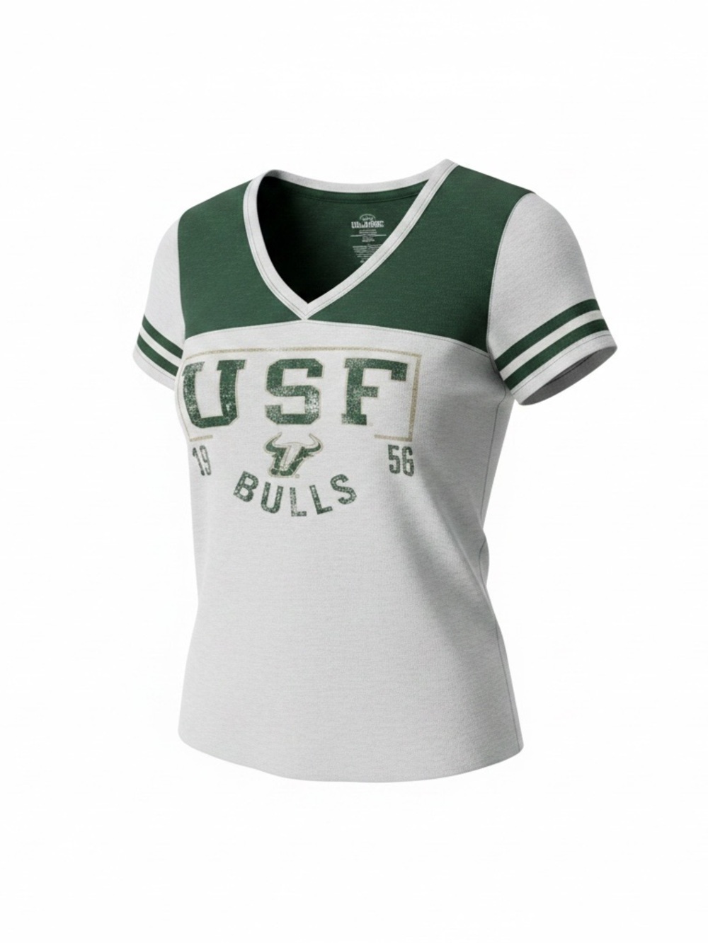 Protege Women's USF Bulls V-Neck Colorblock Tee - Green/White. Size medium